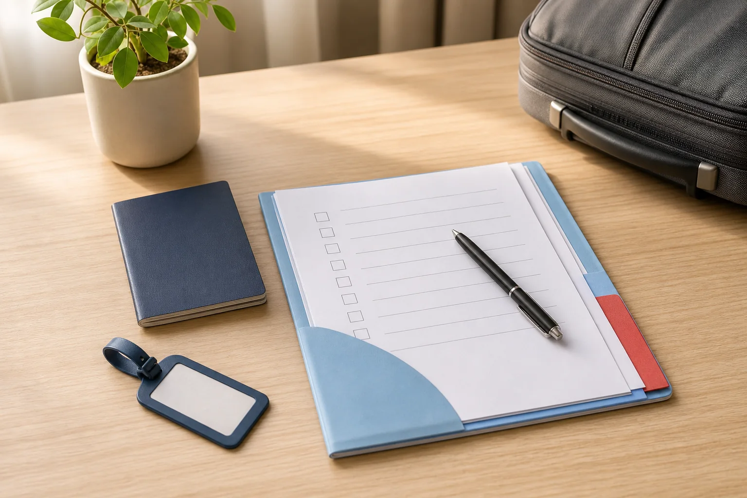 An organized desk with a document folder, checklist and luggage tag